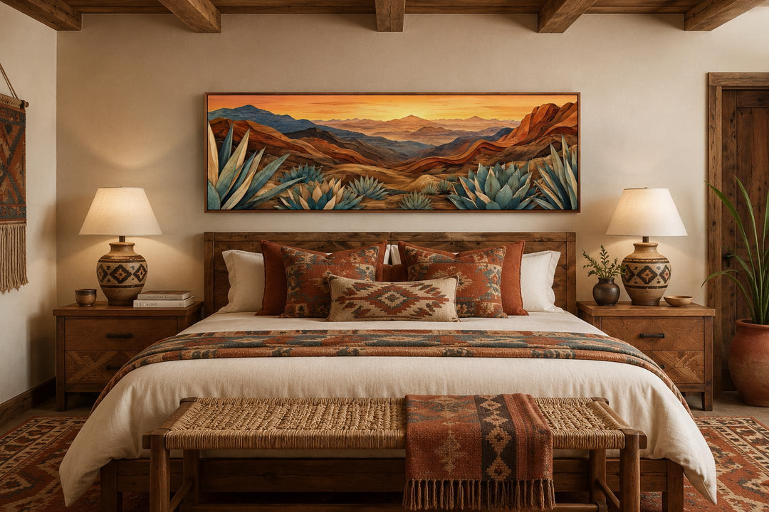 Wide horizontal canvas print of a desert agave landscape in terracotta and teal over a wooden bed.