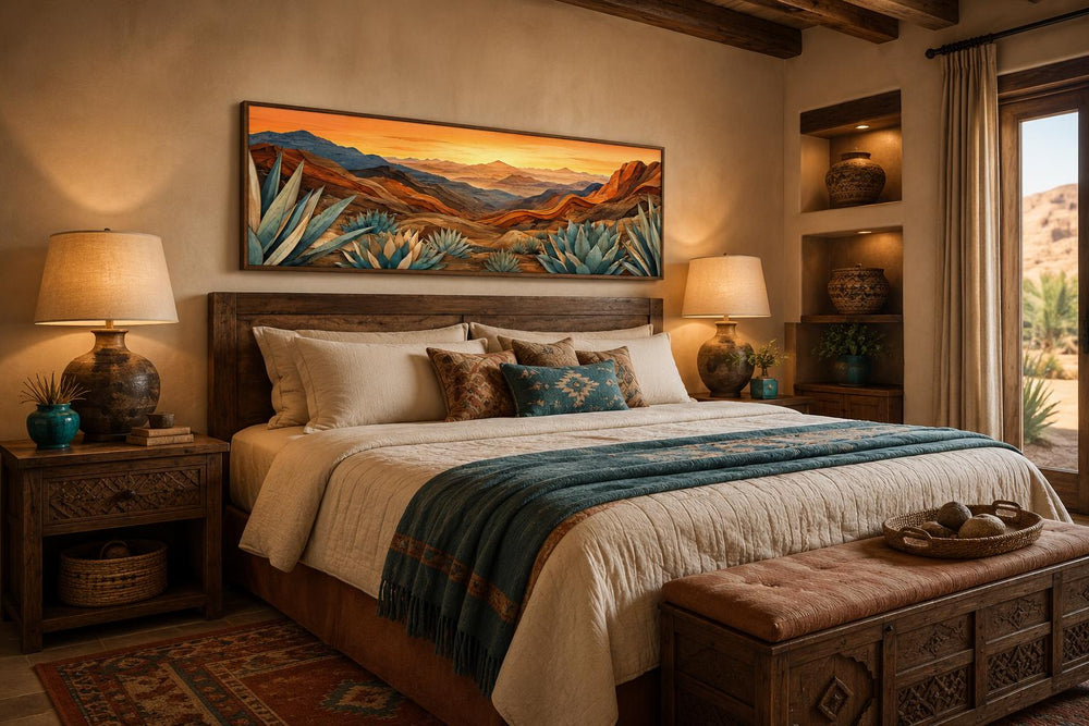 Wide horizontal canvas print of a desert agave landscape in terracotta and teal above a bed.