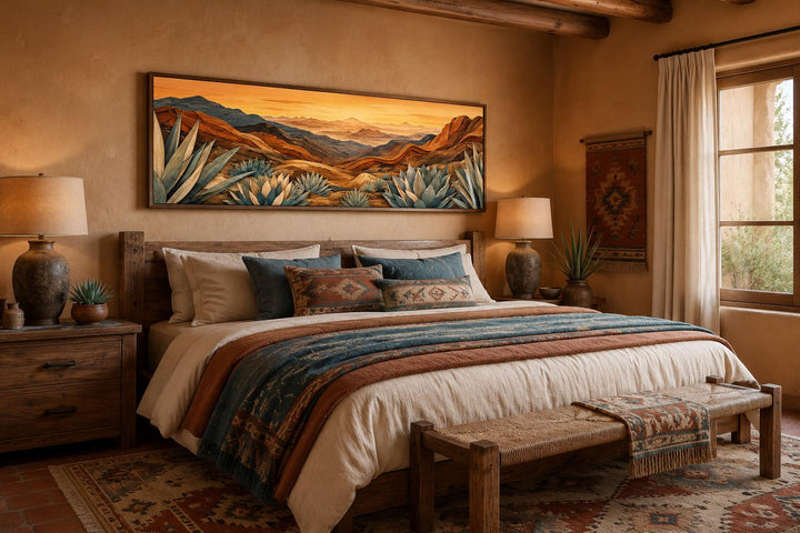 Wide horizontal canvas of a desert agave landscape in terracotta and teal above a wooden bed.