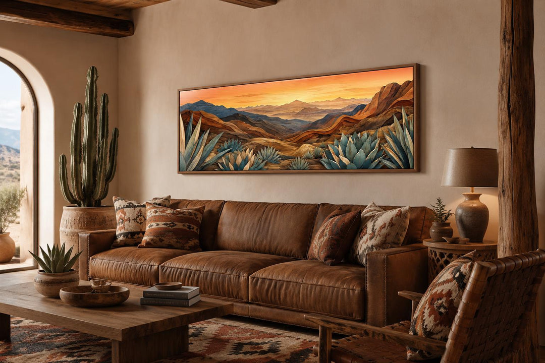 Wide horizontal canvas print of a southwestern desert landscape with agave plants at sunset.