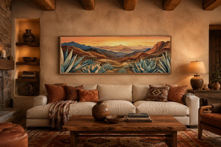 Wide horizontal canvas print of a desert agave landscape in terracotta, amber, and teal tones.