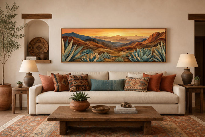 Wide horizontal canvas print of a desert agave landscape in terracotta, amber, and teal tones.