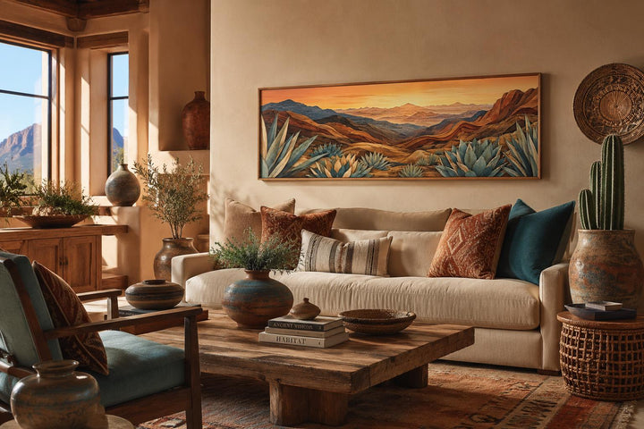 Wide horizontal canvas print of a desert landscape with agave plants in a southwestern living room.