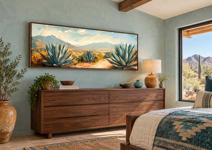 Arizona desert landscape with agave long horizontal framed canvas wall art above a walnut dresser.
