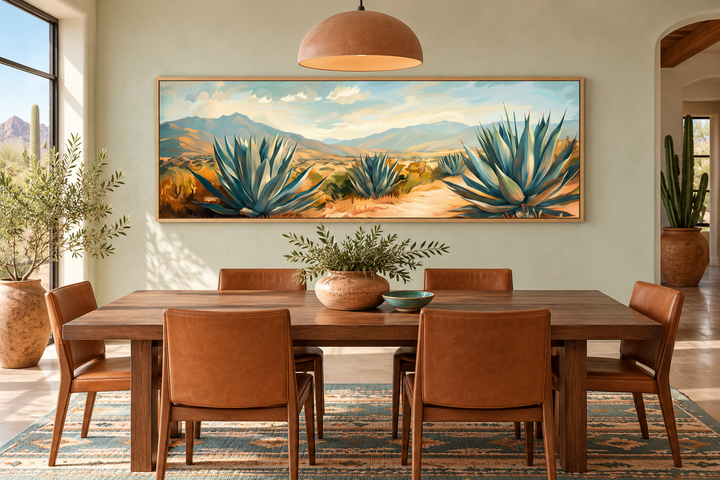 Arizona desert landscape with agave long horizontal framed canvas wall art in a dining room.