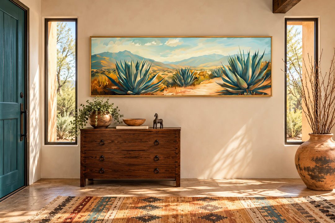 Arizona desert landscape with agave long horizontal framed canvas wall art above a wooden dresser.
