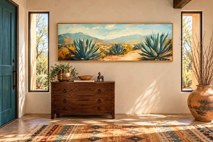Arizona desert landscape with agave long horizontal framed canvas wall art above a wooden dresser.