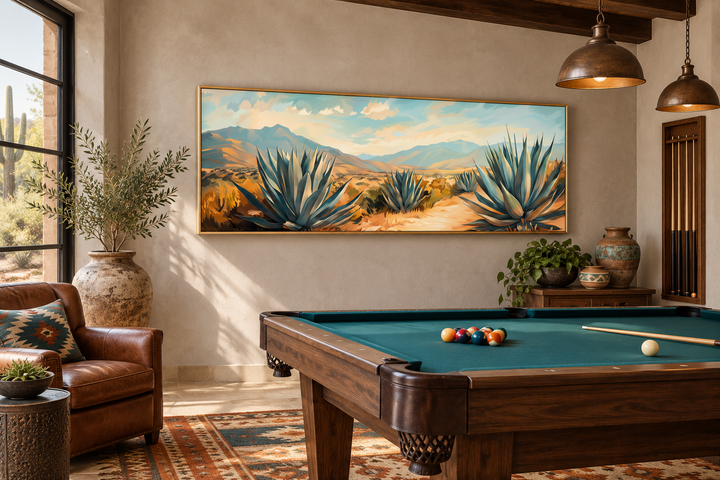 Arizona desert landscape with agave long horizontal framed canvas wall art in a rustic game room.