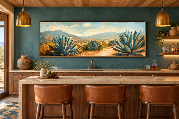 Arizona desert landscape with agave long horizontal framed canvas wall art above a home bar.