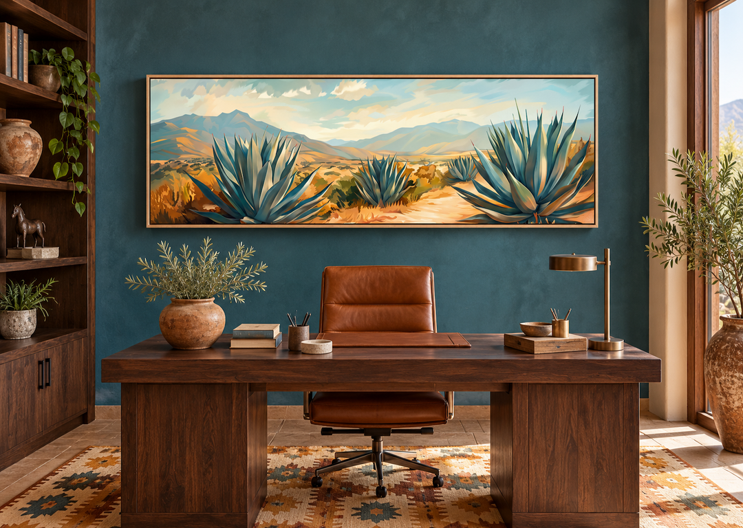 Arizona desert landscape with agave long horizontal framed canvas wall art in a home office.