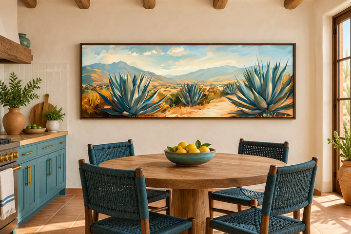 Arizona desert landscape with agave long horizontal framed canvas wall art in a dining room.
