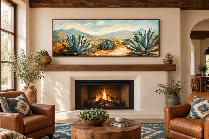 Long horizontal framed canvas wall art of an Arizona desert landscape with vibrant agave plants.