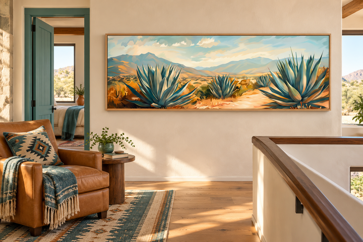 Arizona desert landscape with agave long horizontal framed canvas wall art in a living room.