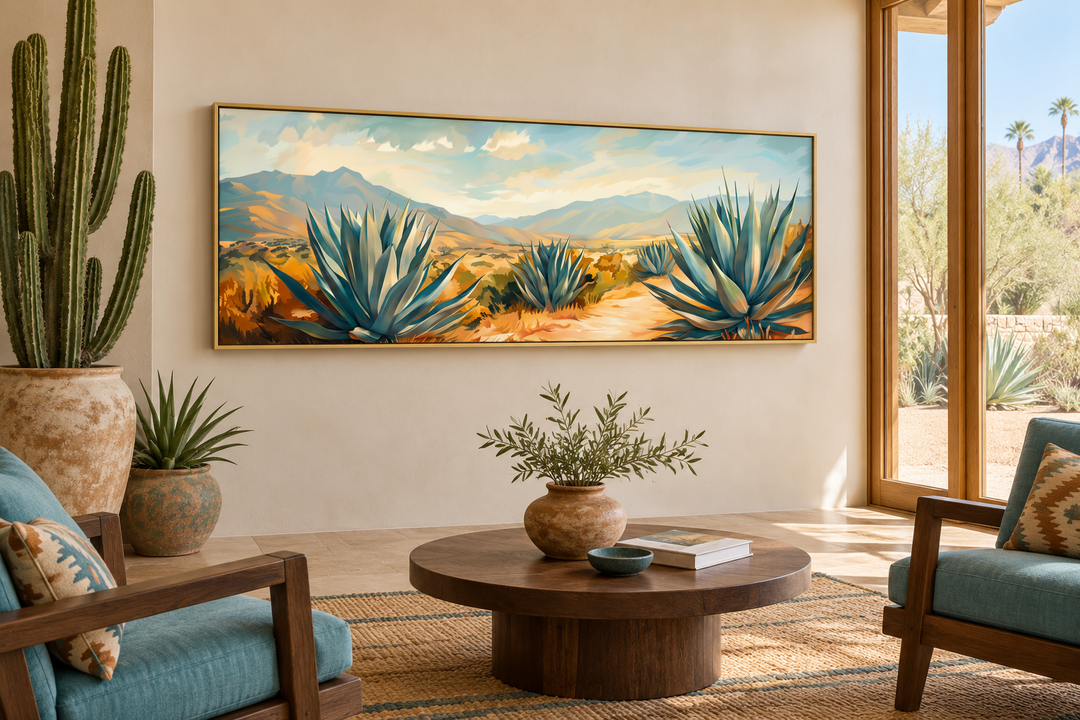 Arizona desert landscape with agave long horizontal framed canvas wall art in a sunroom.