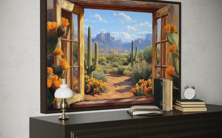 Desert cactus window view canvas wall art showing a Southwestern landscape with mountains.
