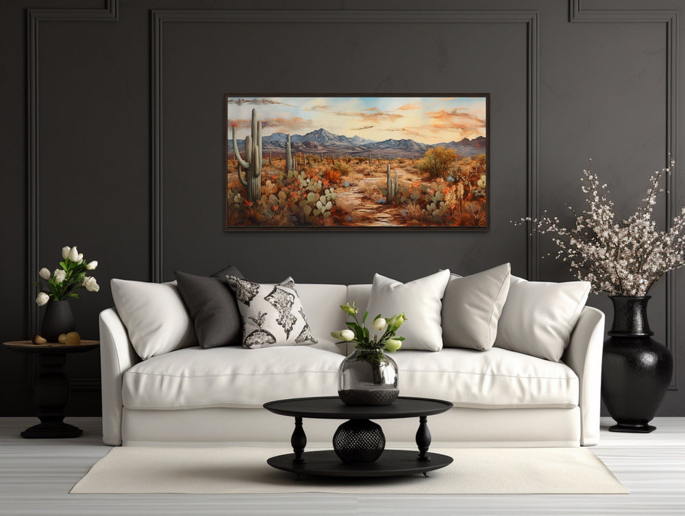 Desert Landscape With Cacti Southwestern Wall Art above white couch