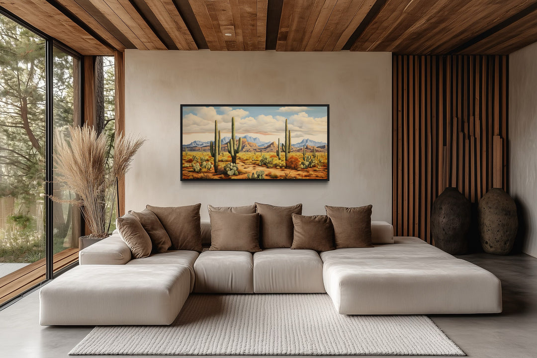 Desert Landscape With Tall Saguaro Cacti Southwestern Framed Canvas Wall Art