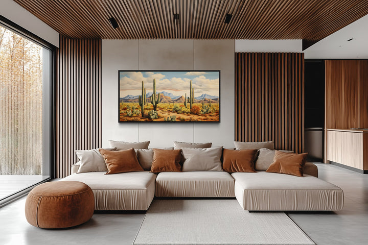 Desert Landscape With Tall Saguaro Cacti Southwestern Framed Canvas Wall Art