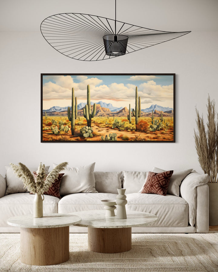 Desert Landscape With Tall Saguaro Cacti Southwestern Framed Canvas Wall Art