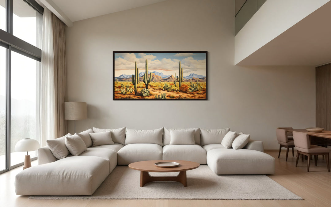 Desert Landscape With Tall Saguaro Cacti Southwestern Framed Canvas Wall Art