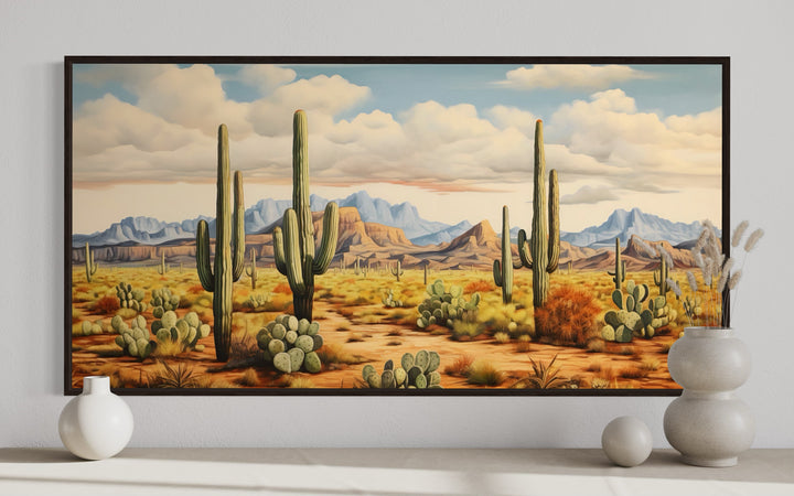 Desert Landscape With Tall Saguaro Cacti Southwestern Framed Canvas Wall Art