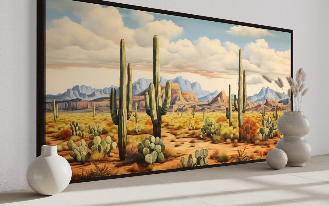 Desert Landscape With Tall Saguaro Cacti Southwestern Framed Canvas Wall Art