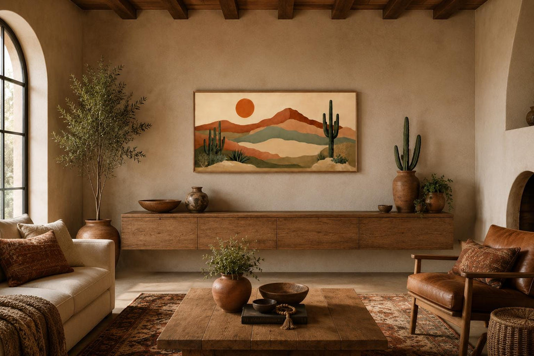 Boho Southwest canvas print featuring a minimalist desert mountain landscape with saguaro cacti.