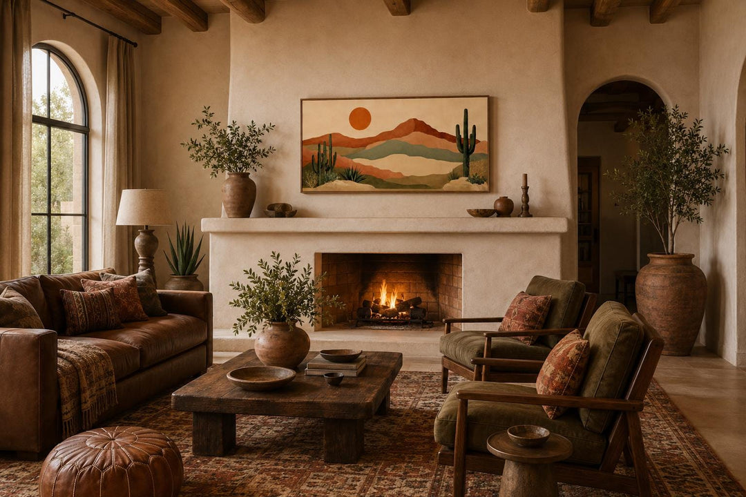 Desert mountain wall art with saguaro cactus and sun in a boho southwest living room.