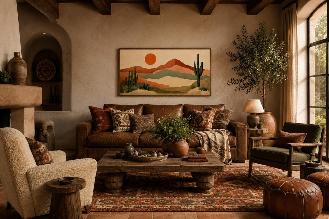 Desert Mountain Wall Art with saguaro cacti and a sun above a brown leather sofa in a boho room.