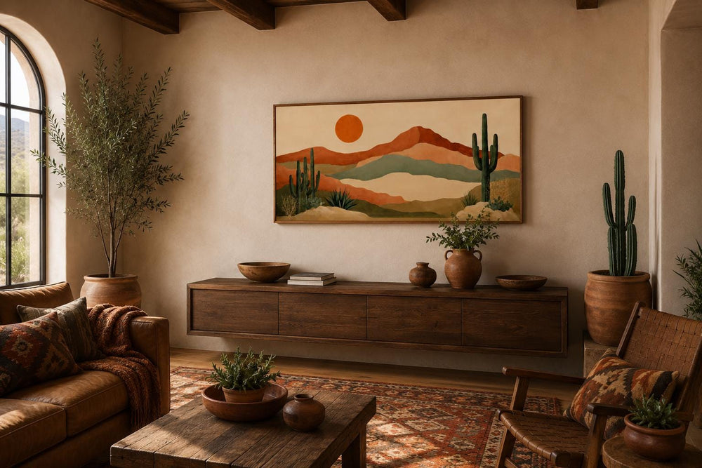 Boho southwest canvas print featuring a minimalist desert mountain landscape with saguaro cacti.