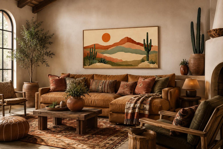 Desert mountain wall art canvas with saguaro cacti and a sun in a boho southwest living room.