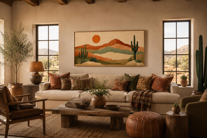 Desert mountain wall art with saguaro cacti and a sun in a boho southwest living room.