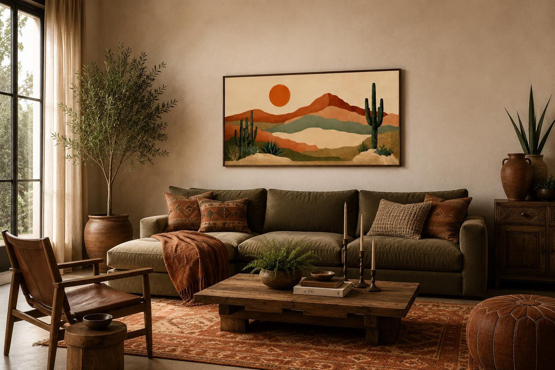 Boho southwest canvas print of a desert mountain landscape with saguaro cacti and a warm orange sun.