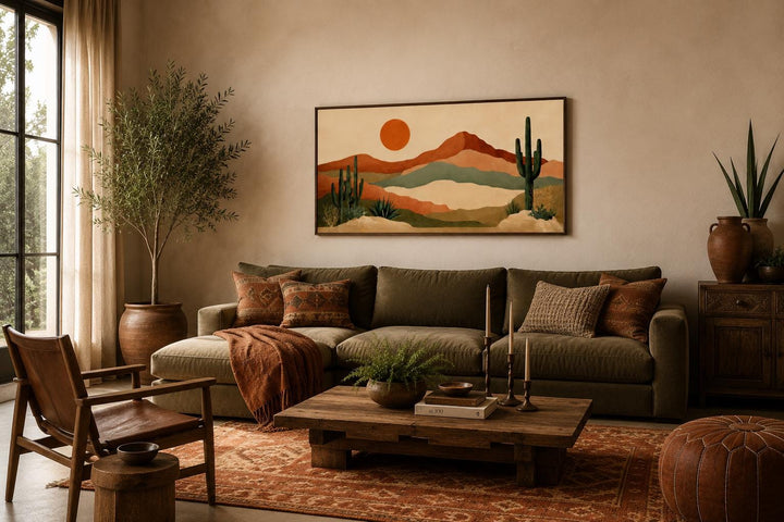 Boho southwest canvas print of a desert mountain landscape with saguaro cacti and a warm orange sun.