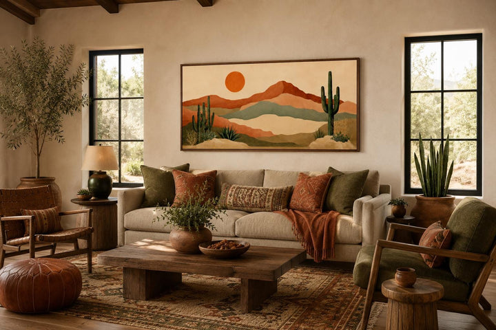 Boho Southwest canvas print of a desert mountain landscape with saguaro cacti and a warm orange sun.