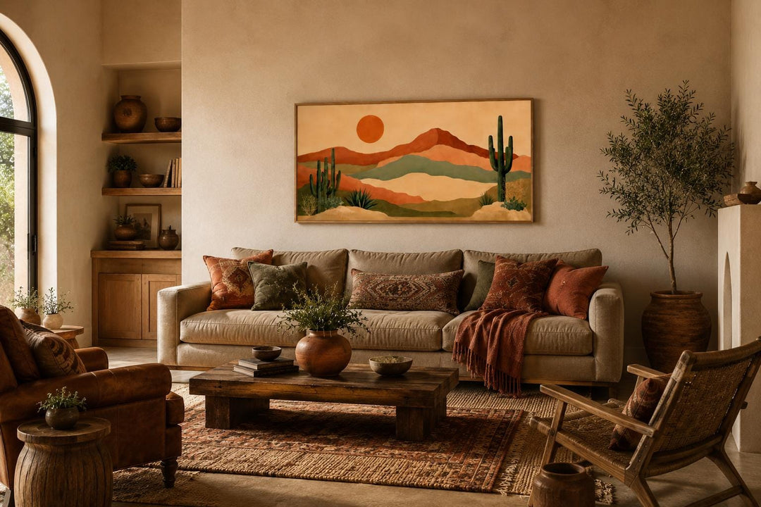 Boho Southwest canvas print featuring layered desert mountains, saguaro cacti, and a warm orange sun.