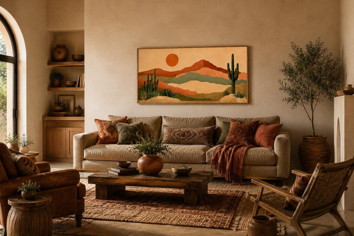 Boho Southwest canvas print featuring layered desert mountains, saguaro cacti, and a warm orange sun.