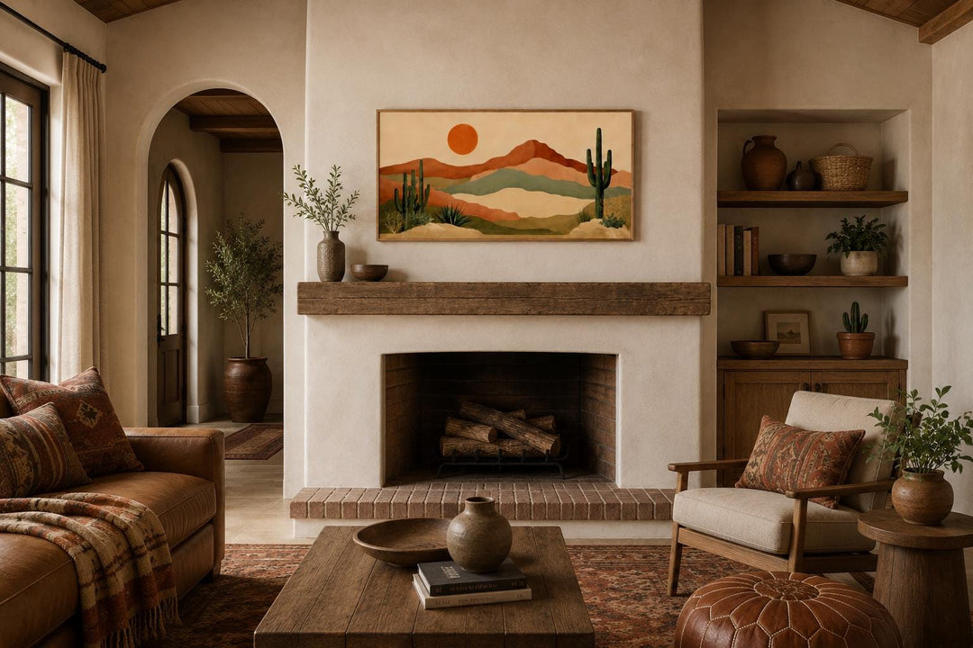 Desert mountain wall art with saguaro cactus and orange sun above a fireplace in a boho living room.