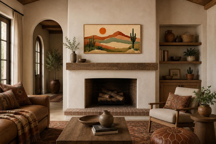 Desert mountain wall art with saguaro cactus and orange sun above a fireplace in a boho living room.