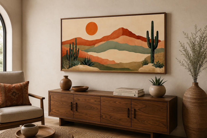 Desert mountain wall art with saguaro cacti and a warm orange sun in a minimalist boho style.