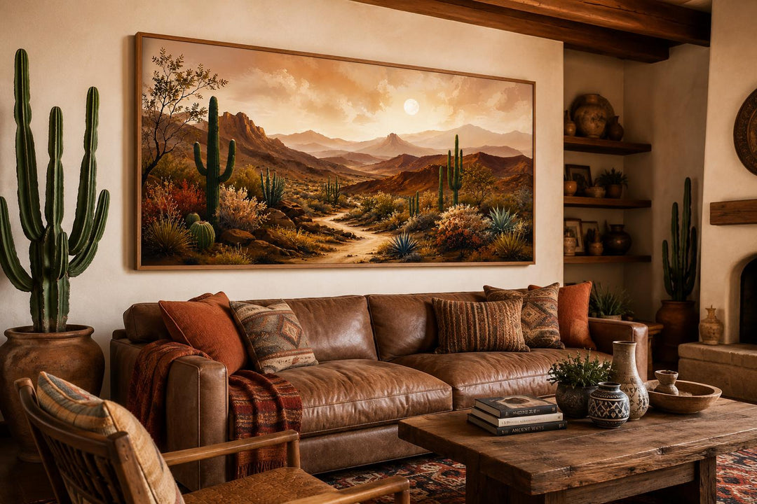 Southwest desert mountain canvas wall art above a leather sofa in a rustic living room.