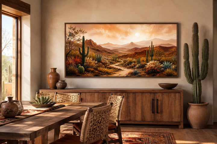 Southwest desert mountain canvas wall art in a rustic dining room with cacti and wooden furniture.