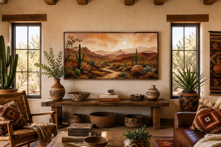 Southwest desert mountain canvas wall art above a rustic wooden console table in a living room.