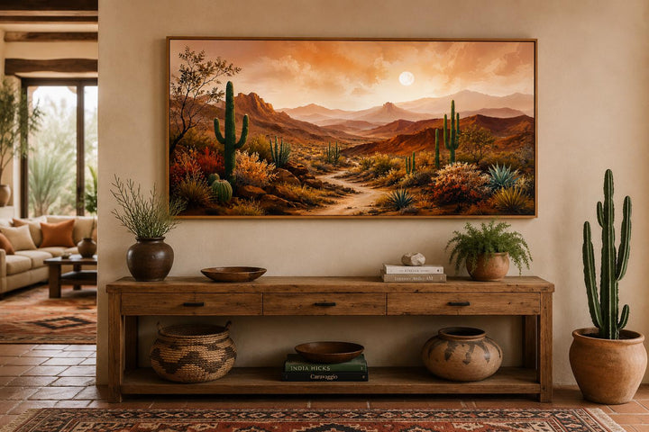 Desert mountain canvas wall art with saguaro cacti and sunset over a rustic wood console table.