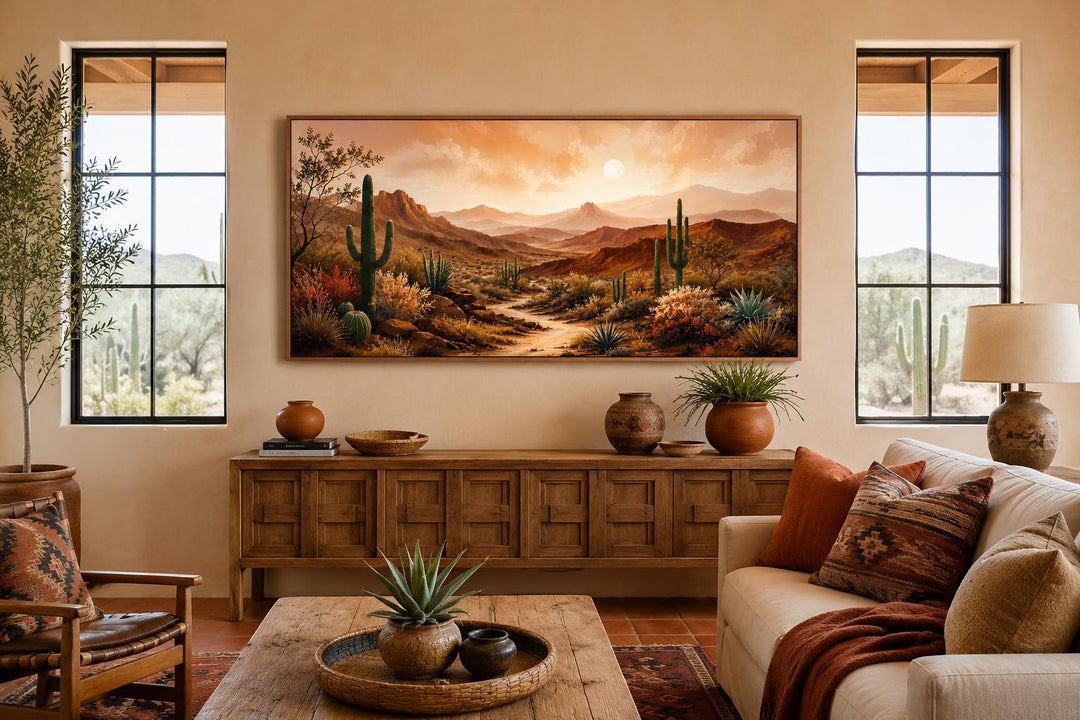 Southwest desert mountain canvas wall art above a rustic wood console in a warm living room.