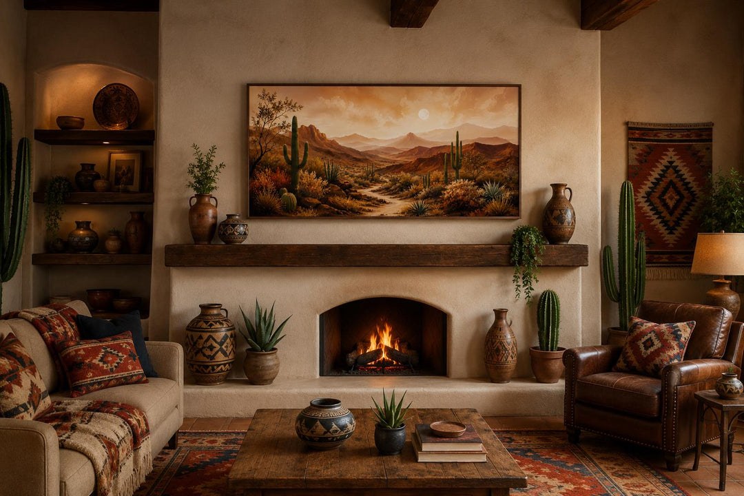 Southwest desert mountain canvas wall art displayed above a rustic fireplace in a living room.