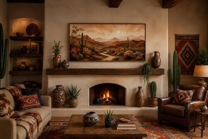 Southwest desert mountain canvas wall art displayed above a rustic fireplace in a living room.