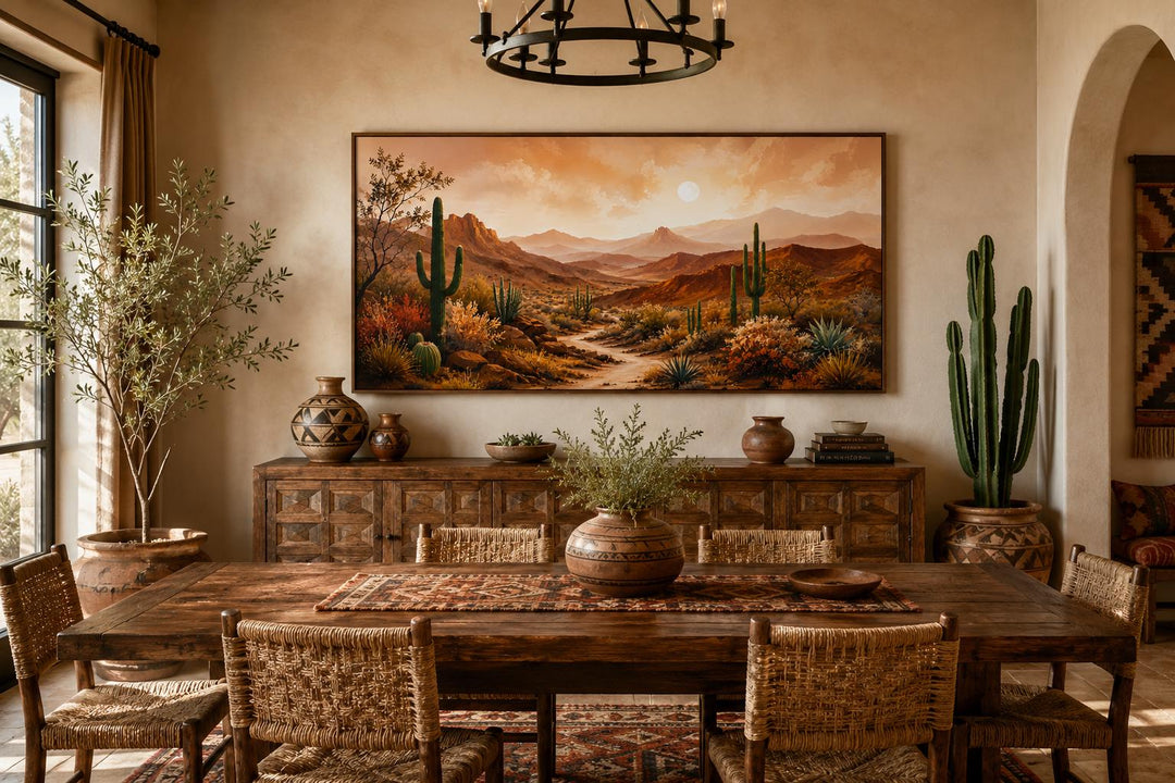 Southwest desert mountain canvas wall art featuring saguaro cacti in a rustic dining room.