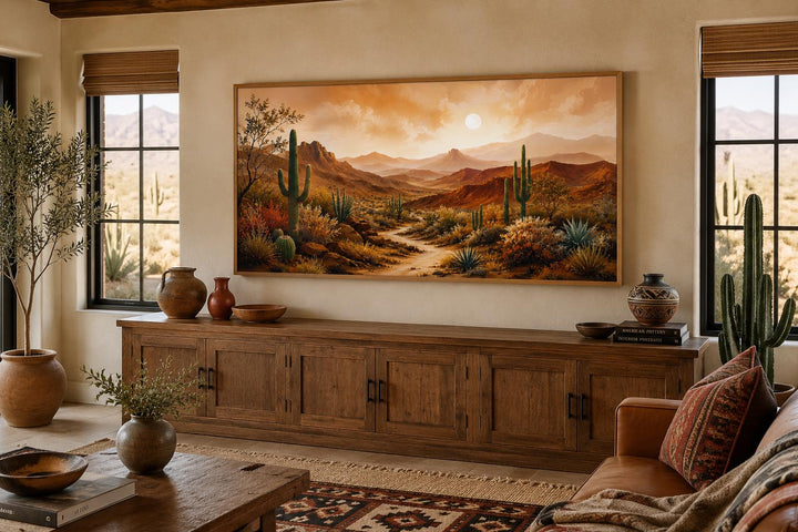 Desert mountain wall art canvas with saguaro cacti and sunset over a rustic living room console.