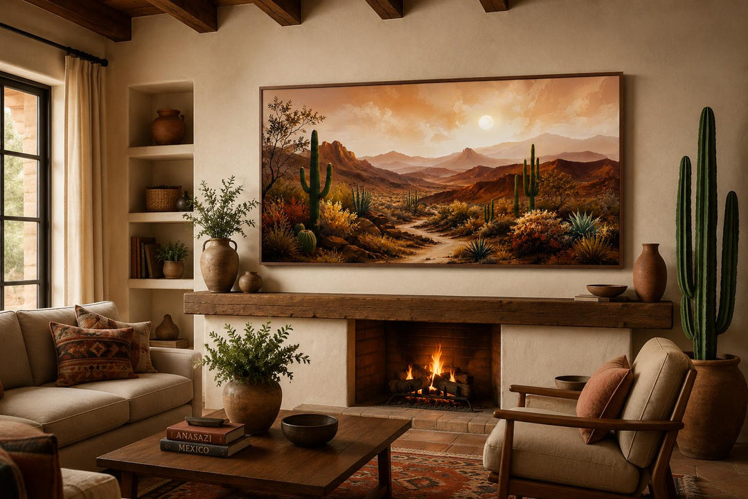 Southwest desert mountain canvas wall art above a fireplace in a rustic living room.